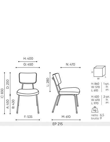 dimensions de la chaise de réunion Epocc EP 215