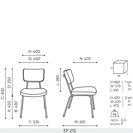 dimensions de la chaise de réunion Epocc EP 215