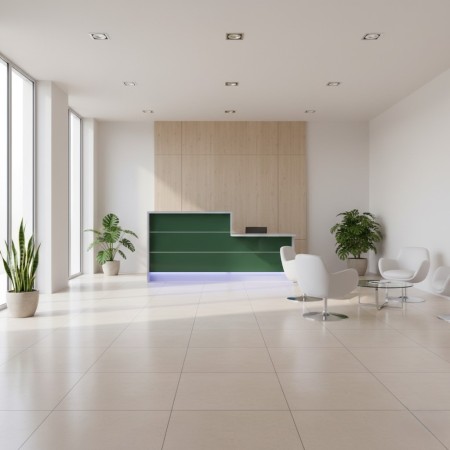 Espace d'accueil avec meuble de réception façade verte, fauteuil et table basse