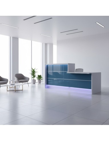 Meuble de réception façade bleue avec accès PMR dans espace d'accueil avec fauteuils et table basse