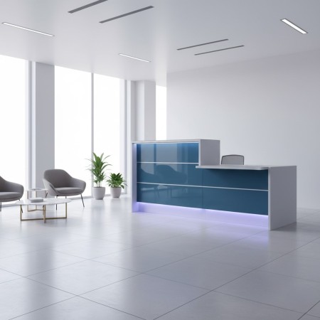 Meuble de réception façade bleue avec accès PMR dans espace d'accueil avec fauteuils et table basse