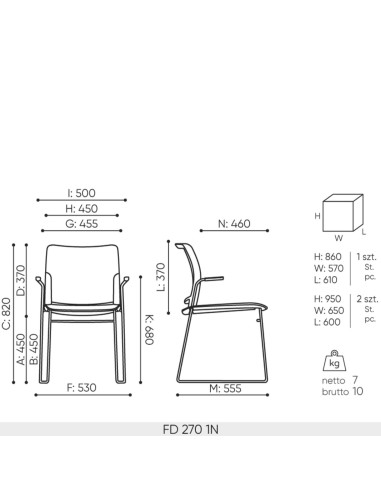 Vue technique de la chaise Fendo FD 270 – dimensions précises