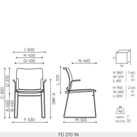Vue technique de la chaise Fendo FD 270 – dimensions précises