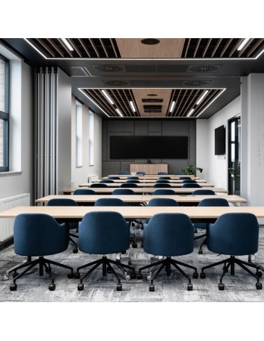 Grande salle de conférence avec rangées de chaises Flos bleues - confort premium au travail