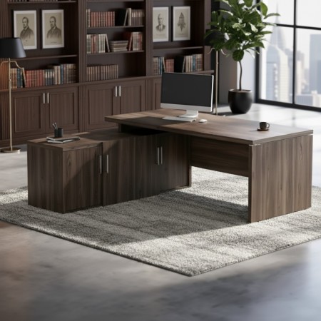 Bureau de direction Quando en noyer foncé avec retour et rangements intégrés 2