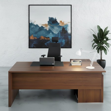 Bureau de direction Quando en noyer avec desserte de rangement latérale intégrée.