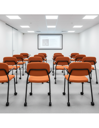 salle de formation moderne avec chaise tissu orange, accoudoirs fins, piètement noir avec roulettes Hens