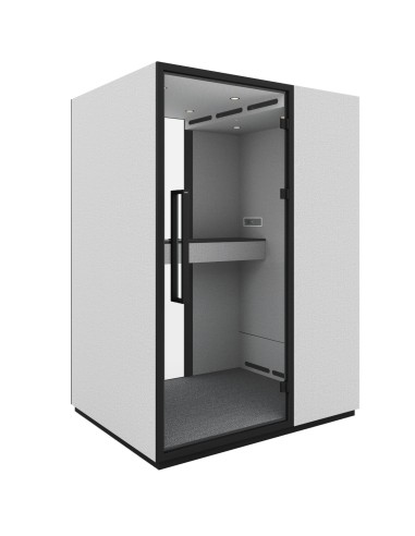 Cabine individuelle Quadra avec porte vitrée et structure acoustique grise. - Quadra
