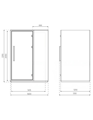 Dimensions de la cabine Quadra, vues frontale et latérale. - Quadra