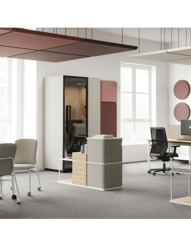 Cabine acoustique Quadra avec panneaux beiges et châssis noir. - Quadra