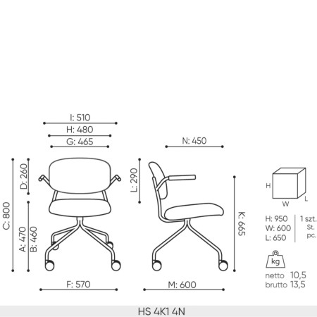 dimensions Hens HS 4K1 version 4N – plan de côté et de face