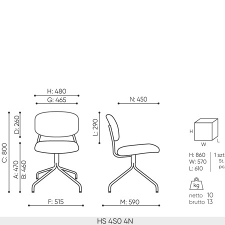 dimensions de la chaise Hens HS 4S0 4N
