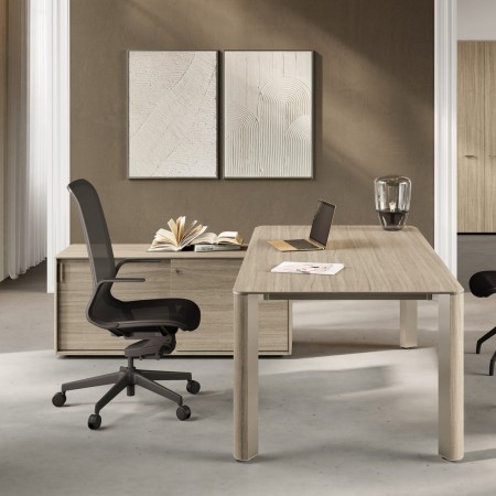 Bureau de direction Ilio en coloris gris orme avec caisson et armoires de rangement assorties