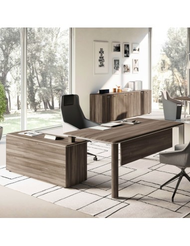 Bureau de direction Iulio haut de gamme en finition noix de Bali avec armoire de rangement et cache jambes