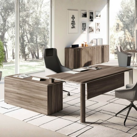 Bureau de direction Iulio haut de gamme en finition noix de Bali avec armoire de rangement et cache jambes