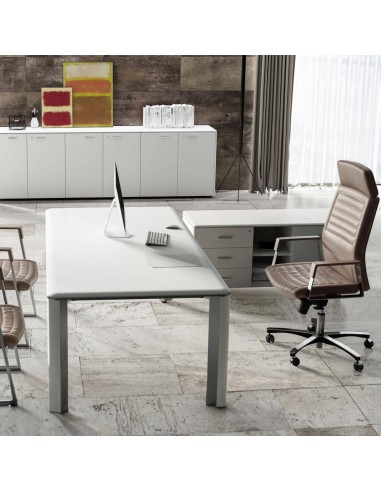 Bureau de direction Iulio droit en coloris blanc avec piètement arrondi