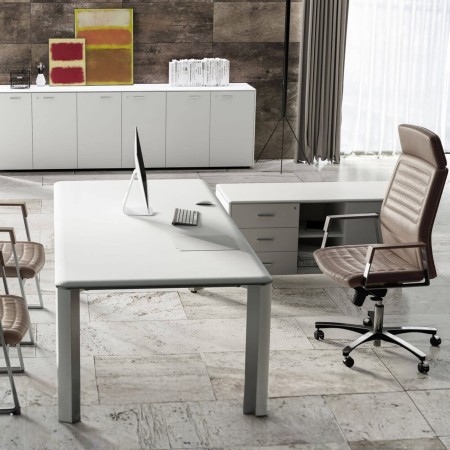 Bureau de direction Iulio droit en coloris blanc avec piètement arrondi