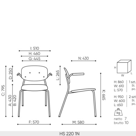 dimensions chaise Hens HS 220 1N – 795 mm de haut, assise 430 mm