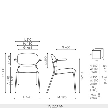dimensions chaise Hens HS 220 4N – 800 mm de haut, assise 470 mm