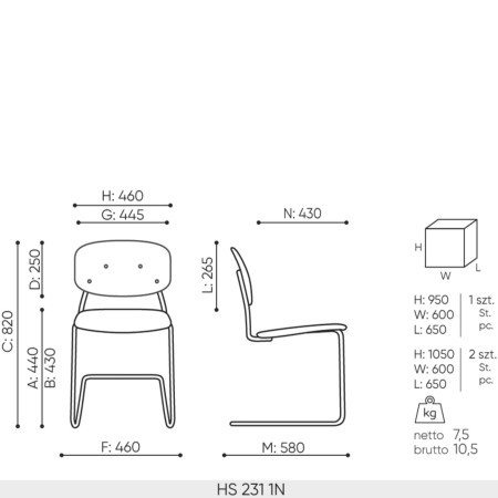 Dimensions techniques de la chaise HS 231 – 1N