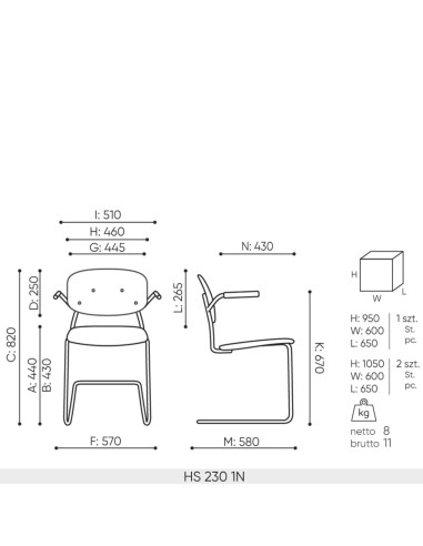 chaise Hens HS 230 version 1N – dimensions détaillées