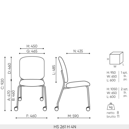 Chaise Hens HS 261 H version 4N entièrement tapissée dimensions