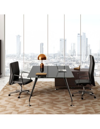 Bureau Enosi avec plateau en verre noir et armoire de rangement assortie en finition noire