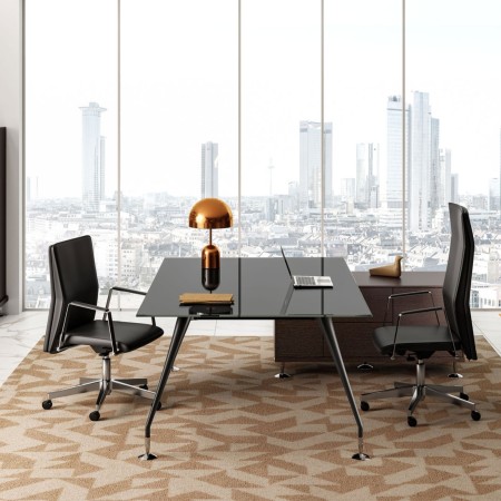 Bureau Enosi avec plateau en verre noir et armoire de rangement assortie en finition noire