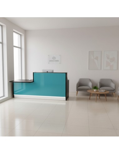 Meuble de réception turquoise et noir avec fauteuils gris et table basse dans espace lumineux