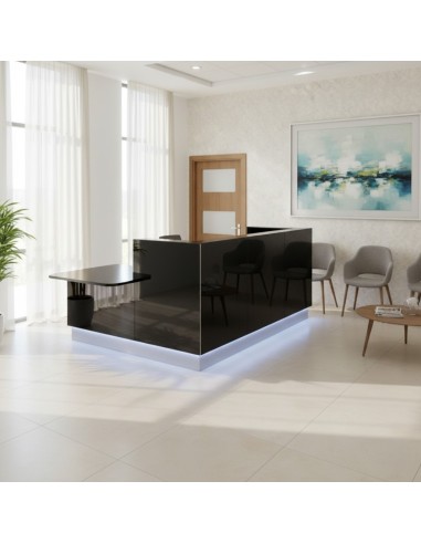 Banque de réception noire dans espace d'accueil avec fauteuils gris et table basse