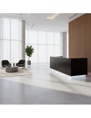 Meuble de réception noir dans espace d'accueil lumineux