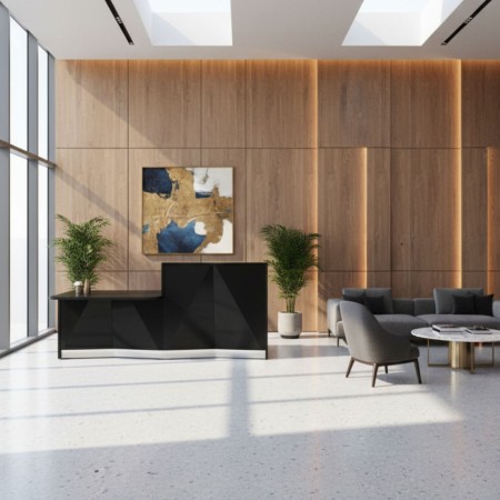 Meuble de réception noir brillant avec accès PMR dans espace d'accueil avec fauteuil et table basse