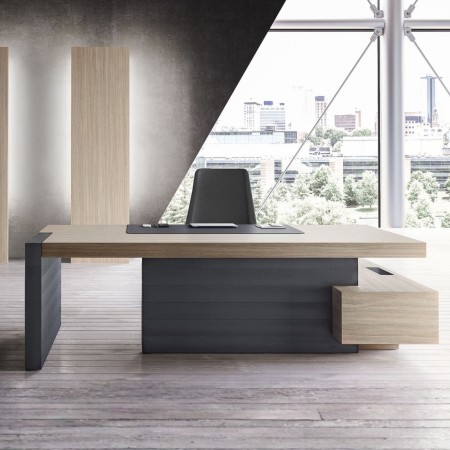 Bureau Jera avec pied finition ardoise et plateau gris orme dans un espace directionnel moderne