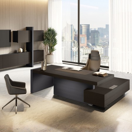 Bureau de direction design Jera en gris ardoise avec plateau wengé, meuble style contemporain pour espace exécutif