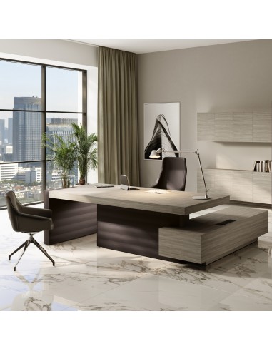 Bureau de direction Jera avec plateau gris orme, structure gris et retour intégré, design haut de gamme