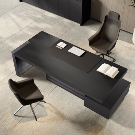 Bureau de direction Jera noir avec plateau rectangulaire et voile de fond ouvert 2