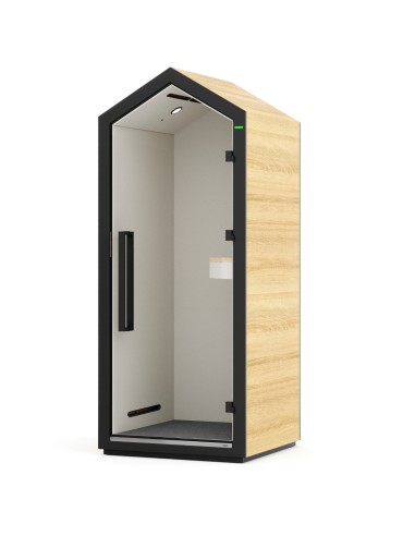 Cabine Treehouse en finition bois avec porte vitrée et tablette intérieure. - Treehouse