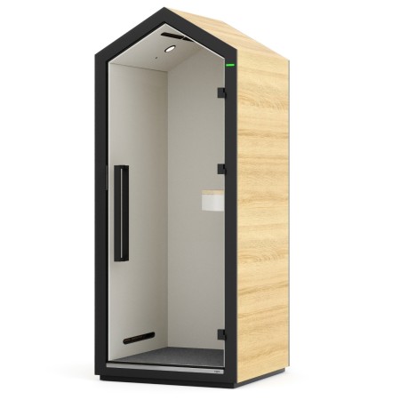 Cabine Treehouse en finition bois avec porte vitrée et tablette intérieure. - Treehouse