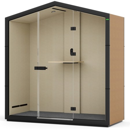 Cabine Treehouse avec porte vitrée, éclairage LED et panneau arrière en bois clair. - Treehouse