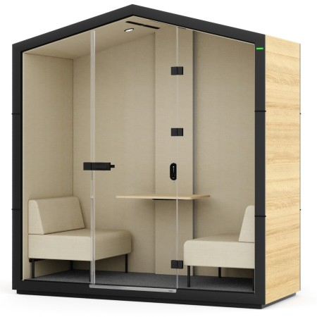 Cabine acoustique Treehouse en finition bois clair avec deux assises et table centrale intégrée. - Treehouse