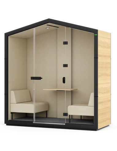 Cabine acoustique Treehouse en finition bois clair avec deux assises et table centrale intégrée. - Treehouse