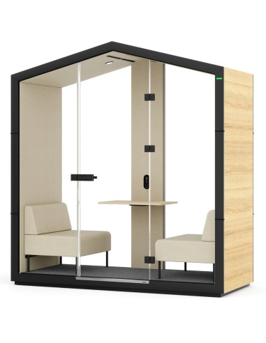 Cabine Treehouse deux places avec assises blanches et table centrale. - Treehouse