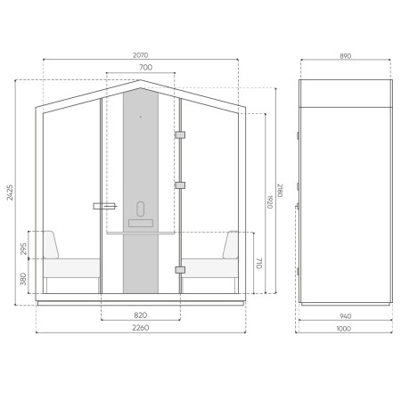 Dimensions latéral de la cabine Treehouse avec hauteur et proportions. - Treehouse