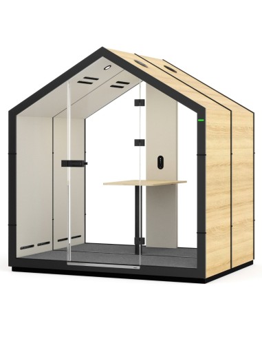 Cabine Treehouse deux places avec banquettes blanches et éclairage intégré. - Treehouse