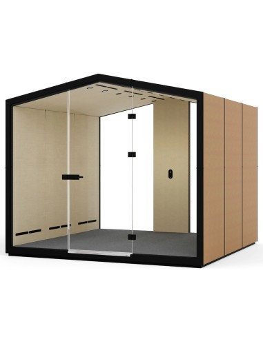 Cabine Treehouse finition bois clair et cadre noir, ouverte sur un espace de travail moderne. - Treehouse