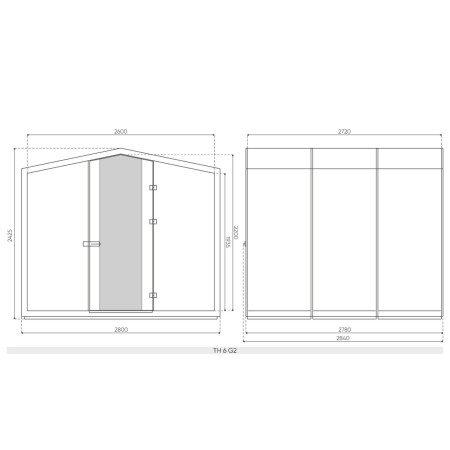 Dimensions de la cabine Treehouse en vue avant et latérale. - Treehouse