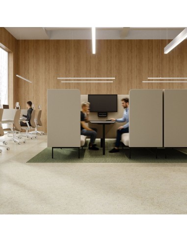 Espace équipé de modules acoustiques Fora formant des postes de travail individuels dans une salle lumineuse. - Fora