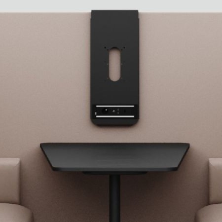 Gros plan sur la table intégrée et le panneau frontal du module Fora, finition noire. - Fora