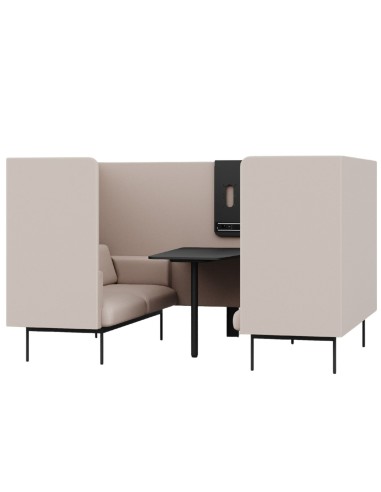 Module acoustique Fora avec cloisons hautes, table intégrée et panneau frontal noir dans une configuration de bureau. - Fora