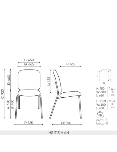 Dimensions de la chaise avec rembourrage Hens 215 H